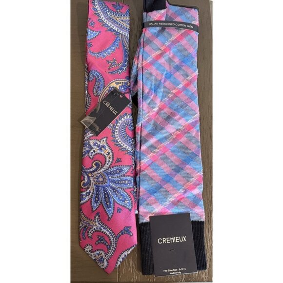 Cremieux Tie & Sock Set ITALIAN SILK Paisley Pink Blue Plaid Dress SOCKS NEW - Picture 6 of 10